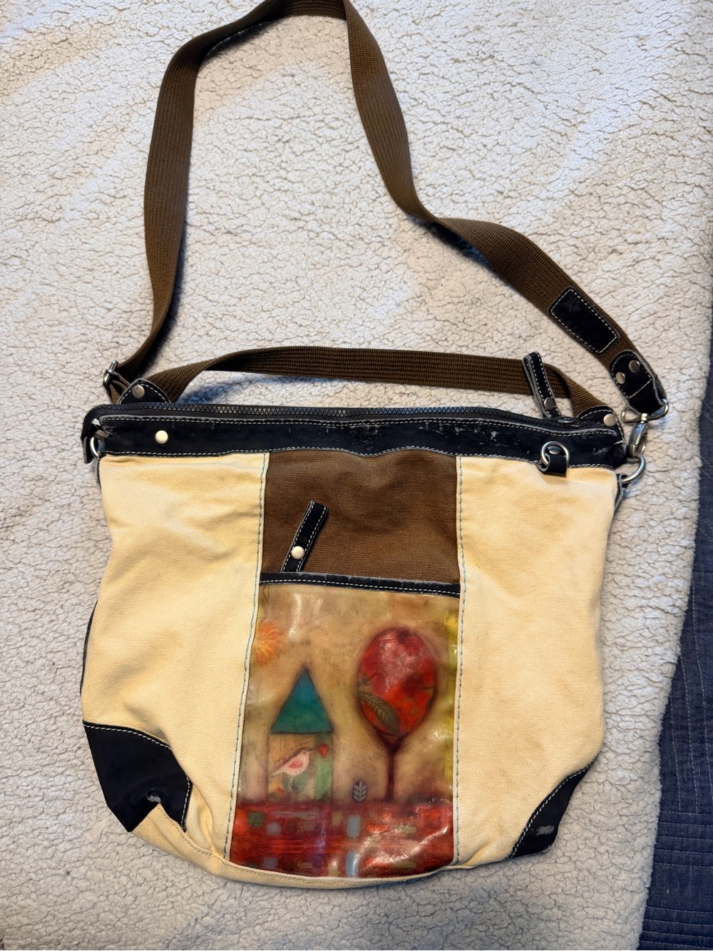 Sherpani Crossbody Shoulder Bag in Beige and Brown - Artistic Front Panel